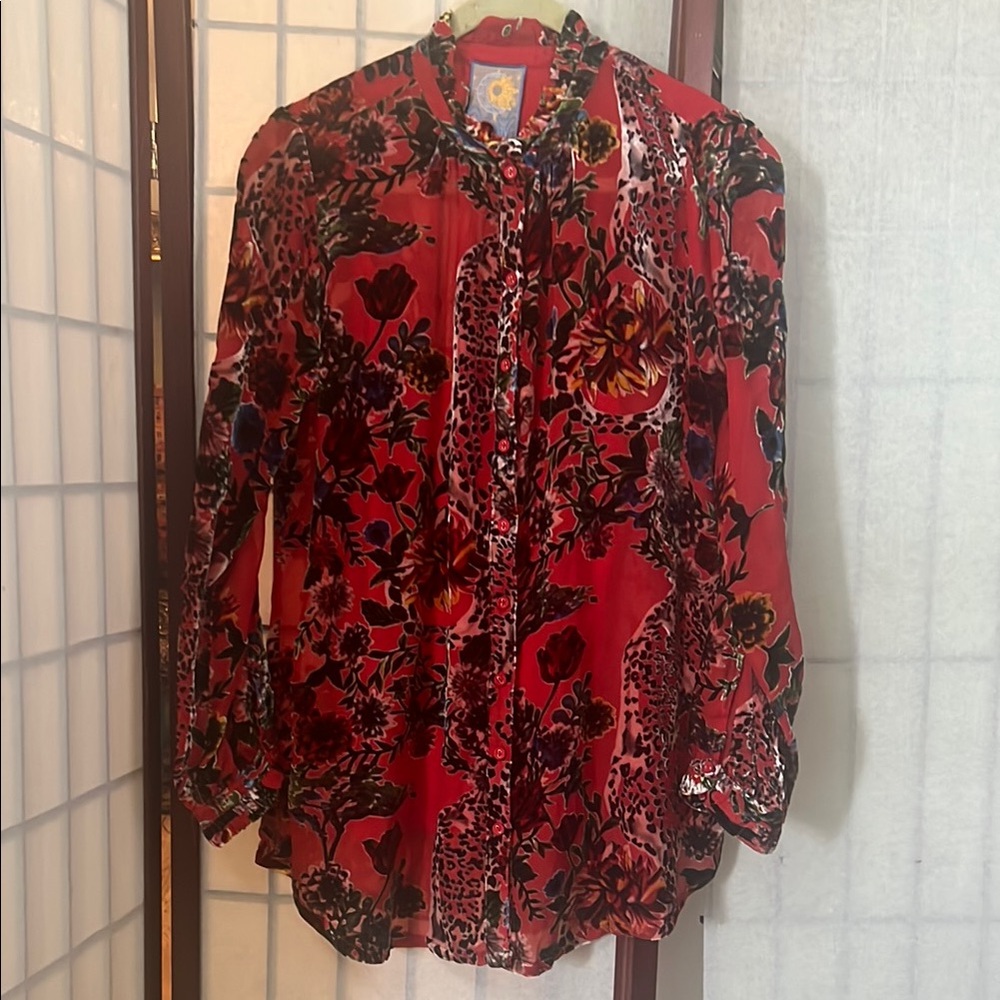 JOHNNY WAS YOELLA‎ BURNOUT TUNIC BOBCAT FOREST BLOUSE SIZE S NWT